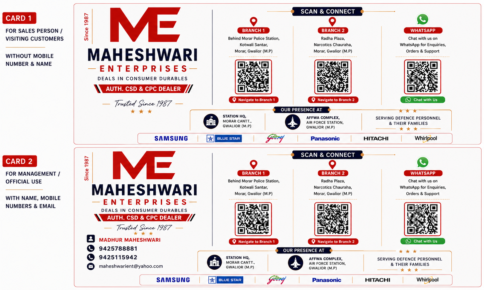 Maheshwari Enterprises branch location and WhatsApp QR card